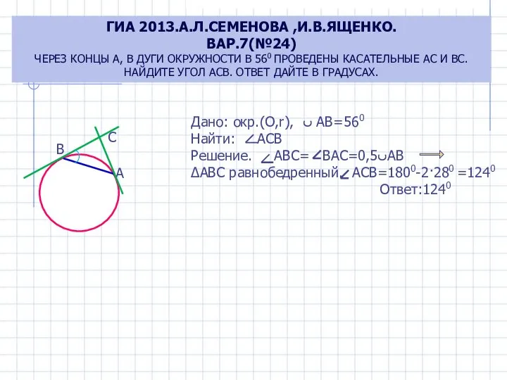 ГИА 2013.А.Л.СЕМЕНОВА ,И.В.ЯЩЕНКО. ВАР.7(№24) ЧЕРЕЗ КОНЦЫ А, В ДУГИ ОКРУЖНОСТИ В