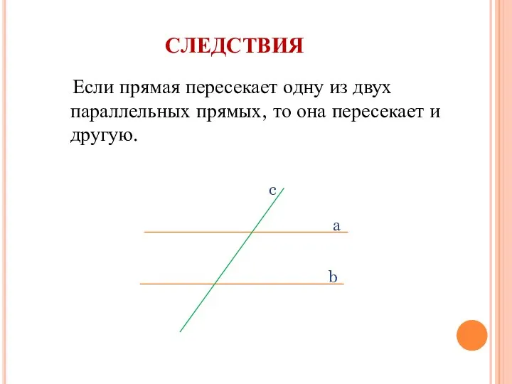 следствия Если прямая пересекает одну из двух параллельных прямых, то она пересекает и другую.