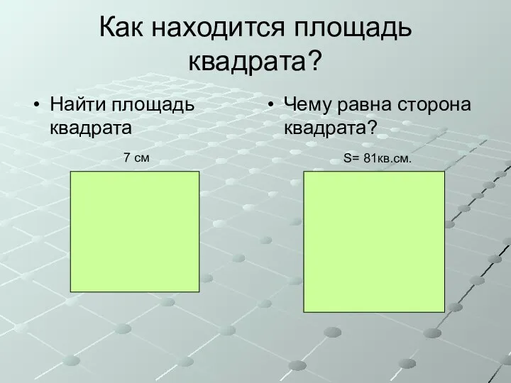 Как находится площадь квадрата? Найти площадь квадрата Чему равна сторона квадрата? 7 см S= 81кв.см.