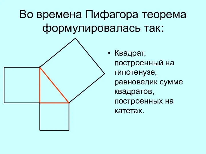 Во времена Пифагора теорема формулировалась так: Квадрат, построенный на гипотенузе, равновелик сумме квадратов, построенных на катетах.