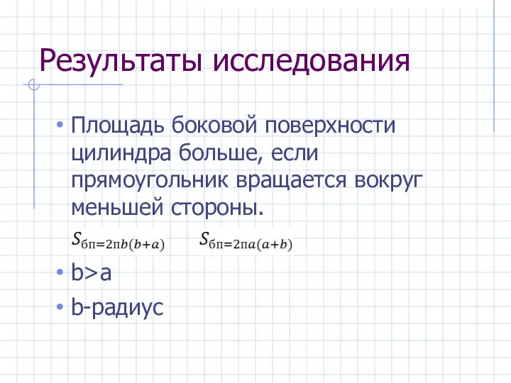 Результаты исследования Площадь боковой поверхности цилиндра больше, если прямоугольник вращается вокруг меньшей стороны. b>a b-радиус