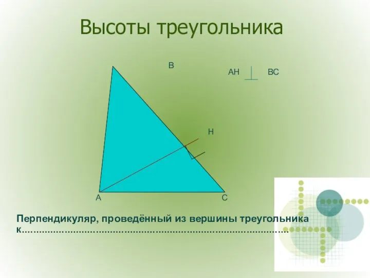 Высоты треугольника А С В Н АН ВС Перпендикуляр, проведённый из вершины треугольника к..............................................................................................