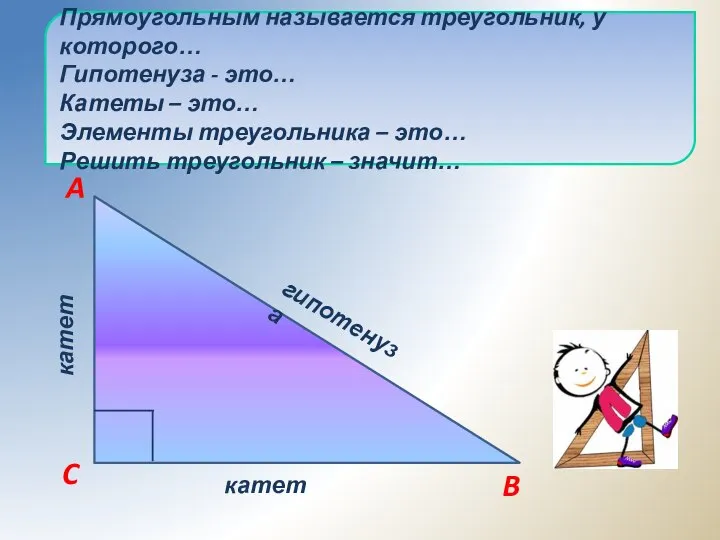 Прямоугольным называется треугольник, у которого… Гипотенуза - это… Катеты – это…