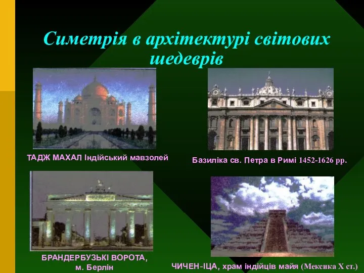 Симетрія в архітектурі світових шедеврів ТАДЖ МАХАЛ Індійський мавзолей Базиліка св.