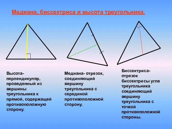 Медиана, биссектриса и высота треугольника. Высота- перпендикуляр, проведенный из вершины треугольника