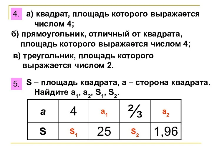 4. а) квадрат, площадь которого выражается числом 4; 5. S –