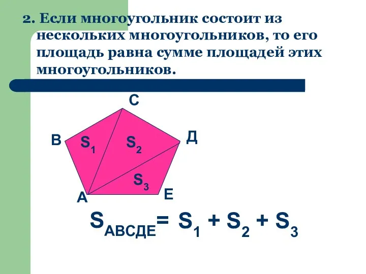 2. Если многоугольник состоит из нескольких многоугольников, то его площадь равна