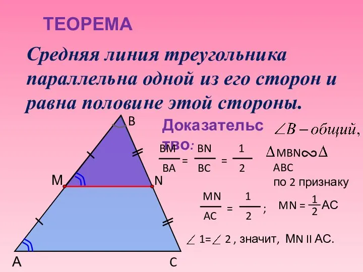 ТЕОРЕМА Средняя линия треугольника параллельна одной из его сторон и равна