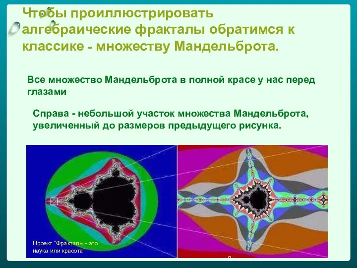 Чтобы проиллюстрировать алгебраические фракталы обратимся к классике - множеству Мандельброта. Все