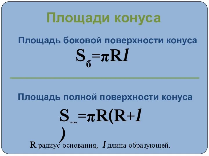 Площадь боковой поверхности конуса R радиус основания, l длина образующей. Sб=πRl