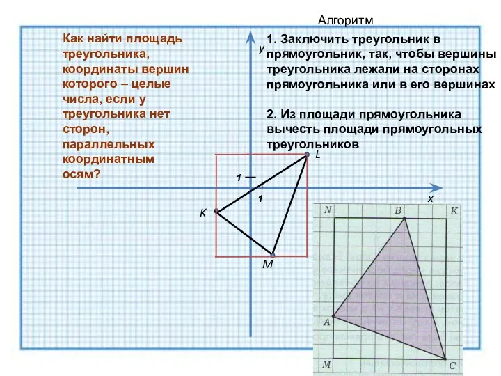 K M L y x Как найти площадь треугольника, координаты вершин