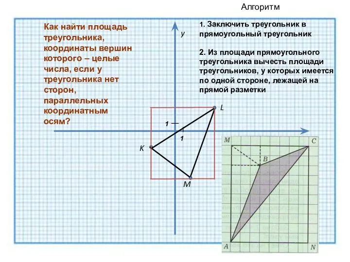 K M L y x Как найти площадь треугольника, координаты вершин