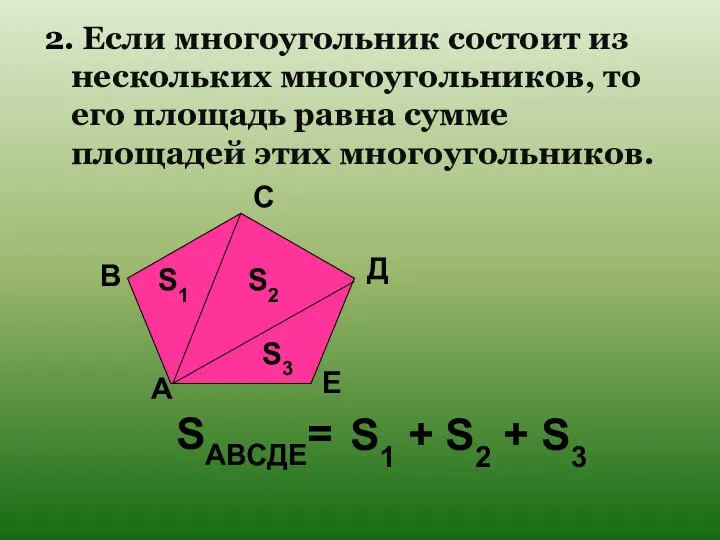 2. Если многоугольник состоит из нескольких многоугольников, то его площадь равна