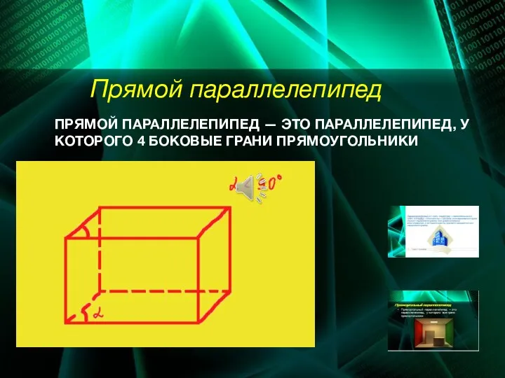 ПРЯМОЙ ПАРАЛЛЕЛЕПИПЕД — ЭТО ПАРАЛЛЕЛЕПИПЕД, У КОТОРОГО 4 БОКОВЫЕ ГРАНИ ПРЯМОУГОЛЬНИКИ Прямой параллелепипед