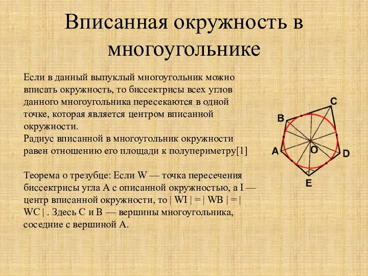 Вписанная окружность в многоугольнике Если в данный выпуклый многоугольник можно вписать