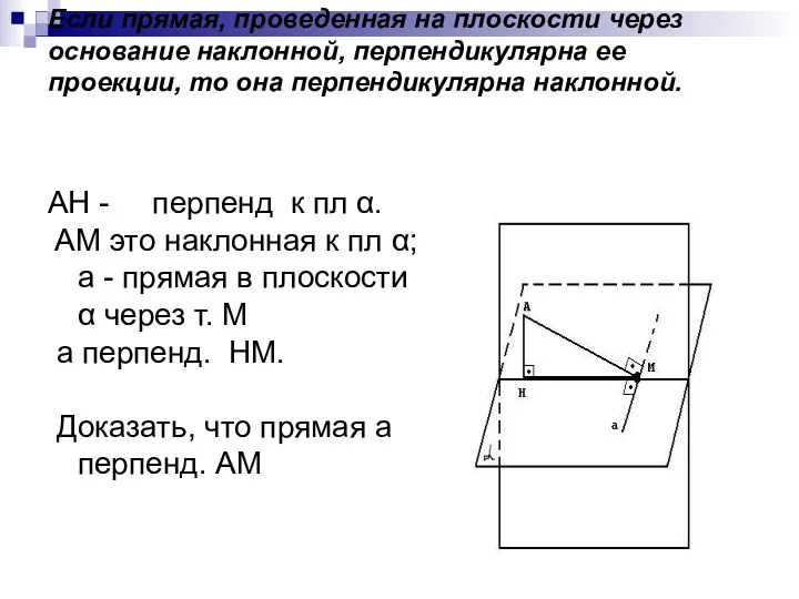 Если прямая, проведенная на плоскости через основание наклонной, перпендикулярна ее проекции,