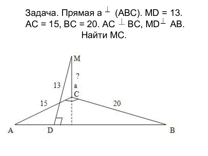 Задача. Прямая а (АВС). MD = 13. АС = 15, ВС