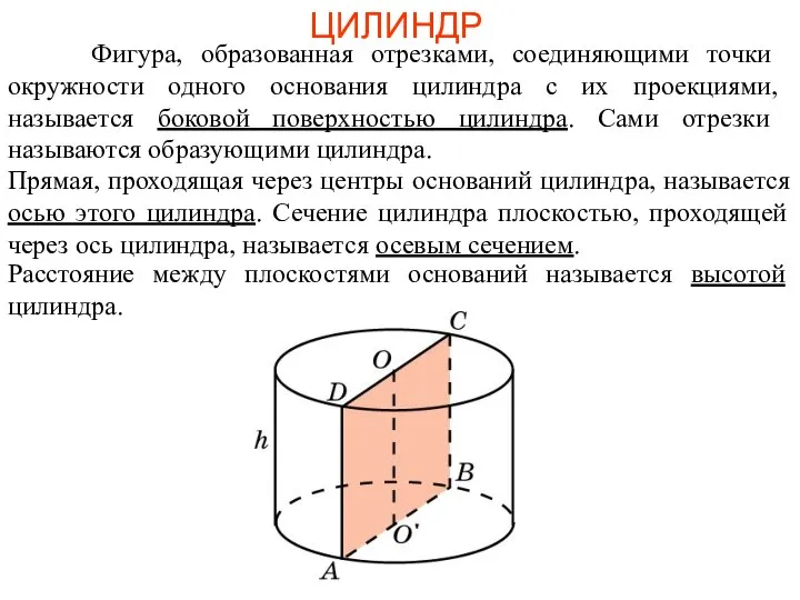 ЦИЛИНДР Фигура, образованная отрезками, соединяющими точки окружности одного основания цилиндра с