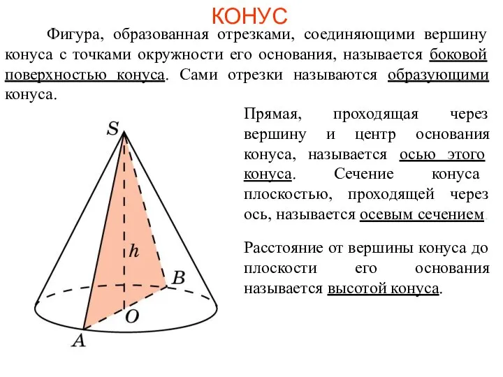 КОНУС Фигура, образованная отрезками, соединяющими вершину конуса с точками окружности его