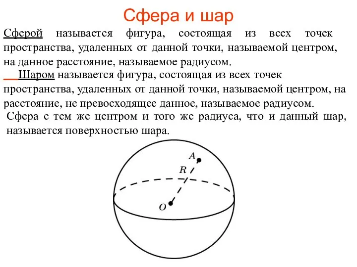 Сфера и шар Сферой называется фигура, состоящая из всех точек пространства,