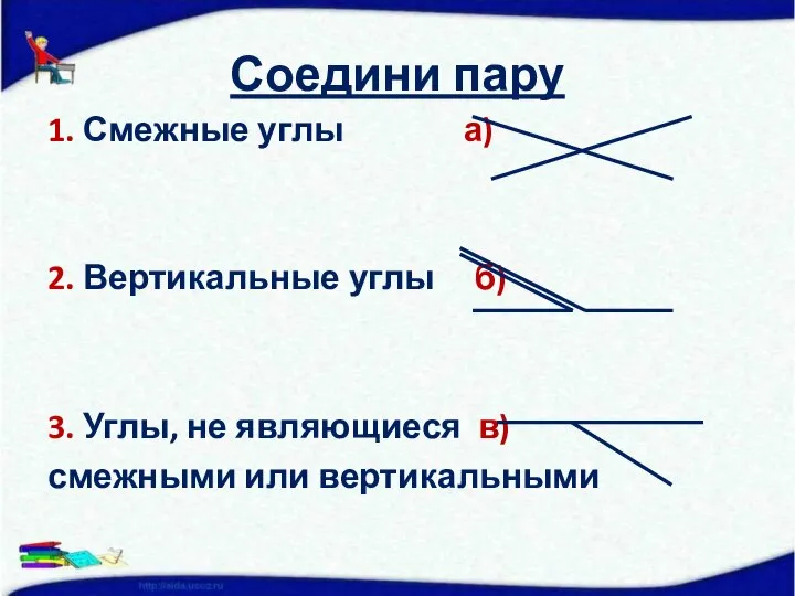 Соедини пару 1. Смежные углы а) 2. Вертикальные углы б) 3.