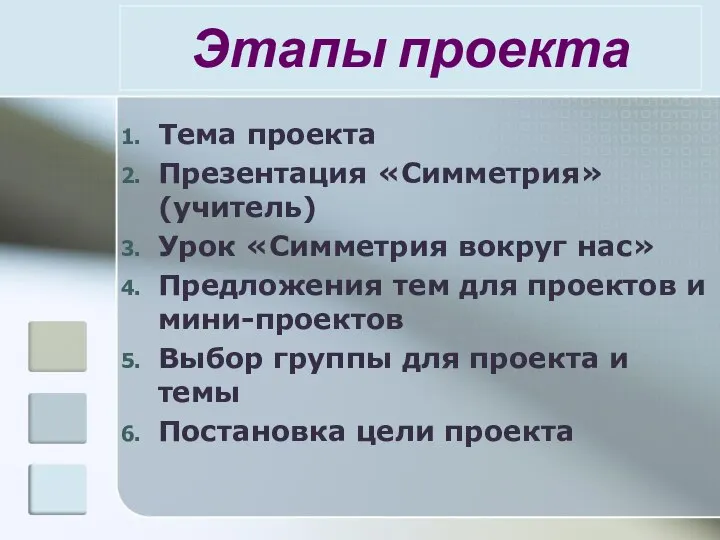 Этапы проекта Тема проекта Презентация «Симметрия» (учитель) Урок «Симметрия вокруг нас»