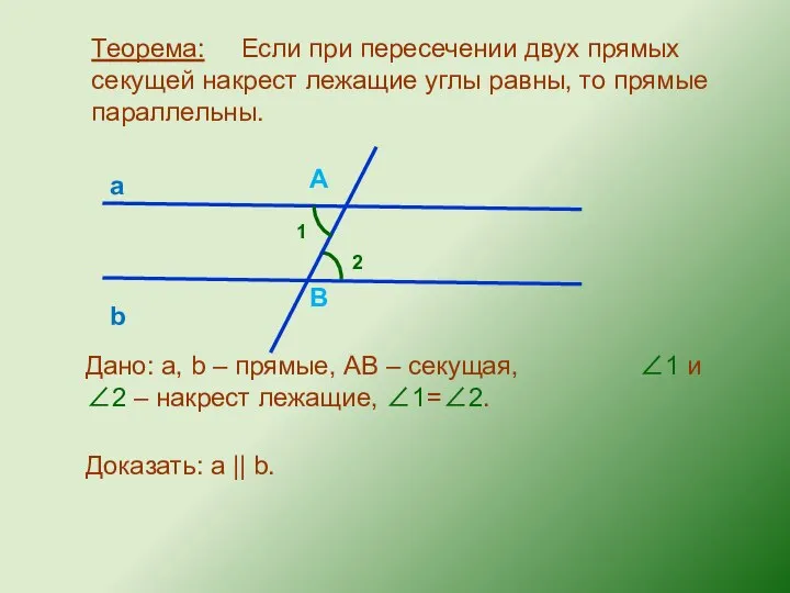 Теорема: Если при пересечении двух прямых секущей накрест лежащие углы равны,