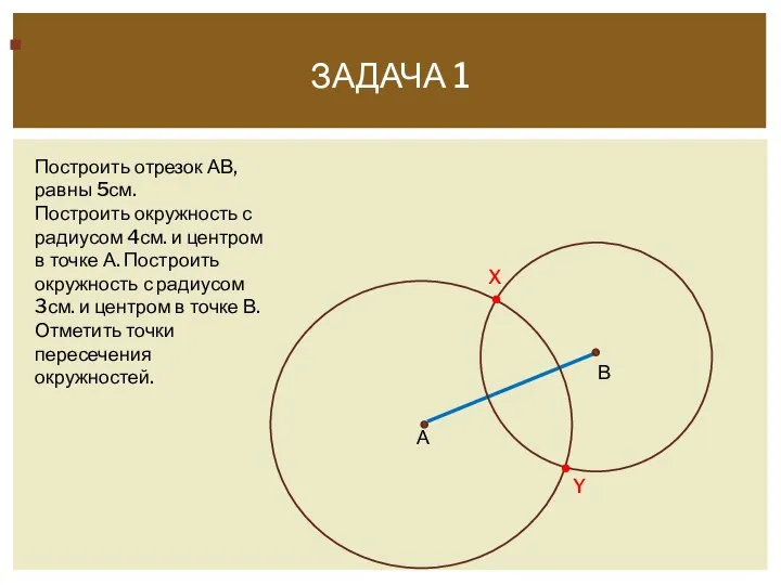 ЗАДАЧА 1 Задача: Построить отрезок АВ, равны 5см. Построить окружность с