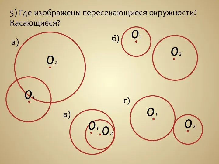 5) Где изображены пересекающиеся окружности? Касающиеся? 02 01 02 01 02