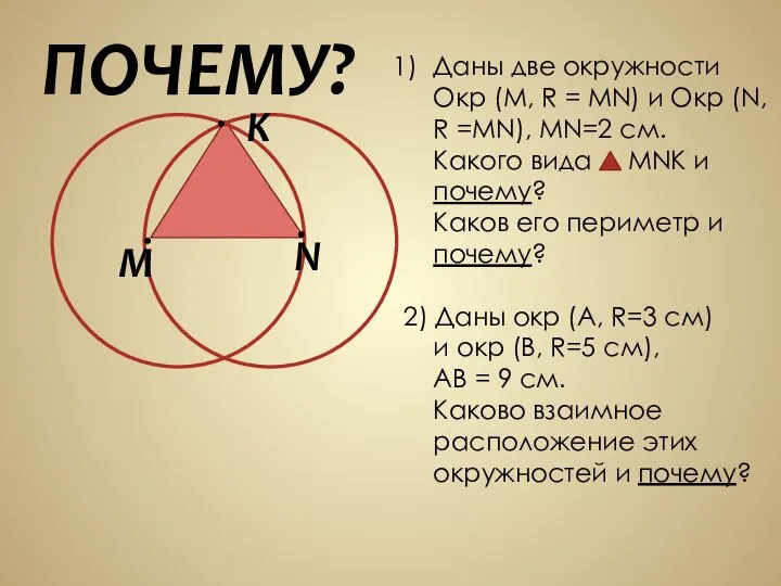 ПОЧЕМУ? M K N Даны две окружности Окр (M, R =