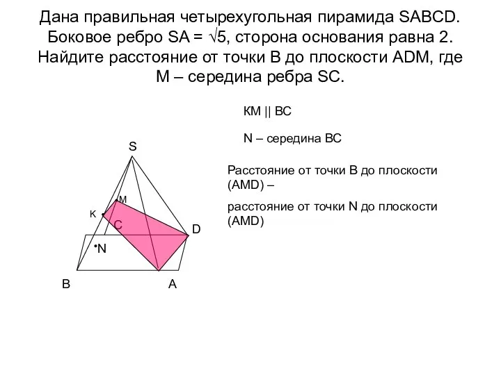 Дана правильная четырехугольная пирамида SABCD. Боковое ребро SA = √5, сторона