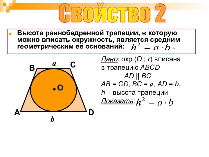 Свойство 2 B A D С Высота равнобедренной трапеции, в которую