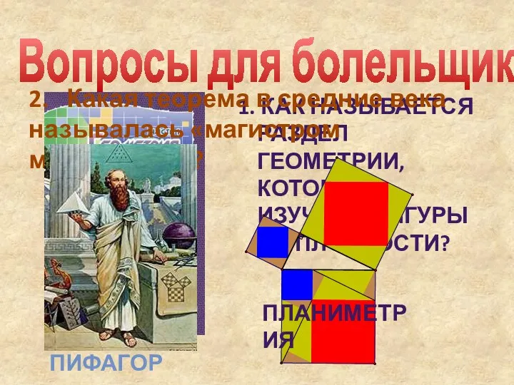 1. КАК НАЗЫВАЕТСЯ РАЗДЕЛ ГЕОМЕТРИИ, КОТОРЫЙ ИЗУЧАЕТ ФИГУРЫ НА ПЛОСКОСТИ? Вопросы