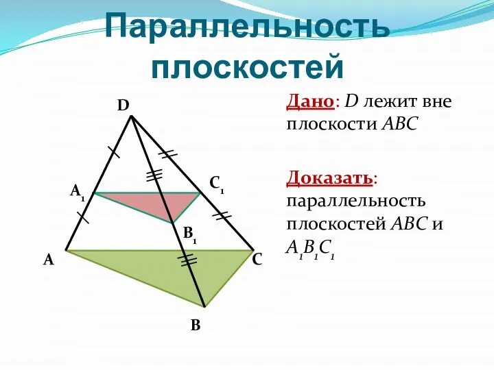 Параллельность плоскостей Дано: D лежит вне плоскости АВС Доказать: параллельность плоскостей