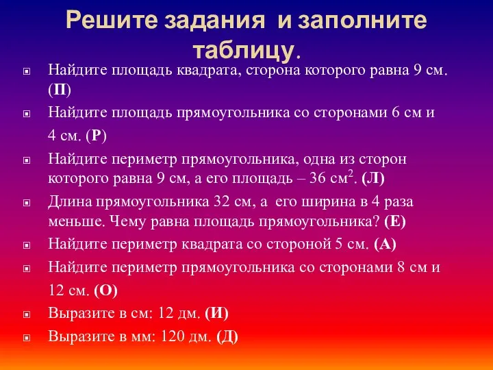 Решите задания и заполните таблицу. Найдите площадь квадрата, сторона которого равна