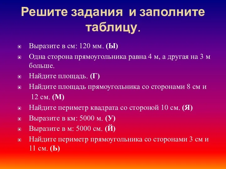 Решите задания и заполните таблицу. Выразите в см: 120 мм. (Ы)