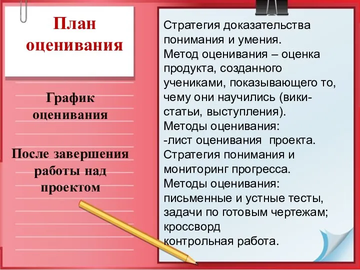 План оценивания График оценивания После завершения работы над проектом Стратегия доказательства