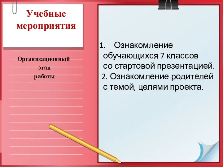 Учебные мероприятия Организационный этап работы Ознакомление обучающихся 7 классов со стартовой