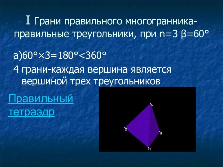 Ι Грани правильного многогранника-правильные треугольники, при n=3 β=60° а)60°×3=180° 4 грани-каждая