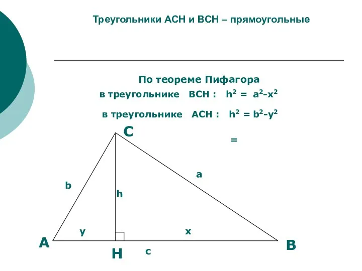 Треугольники АCН и ВСН – прямоугольные По теореме Пифагора в треугольнике