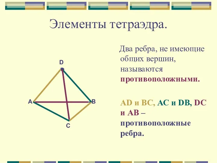 Элементы тетраэдра. Два ребра, не имеющие общих вершин, называются противоположными. AD