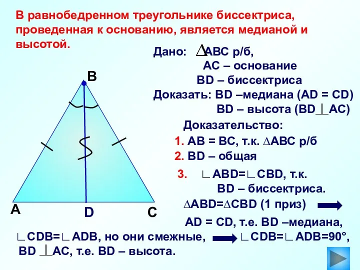 А В Доказательство: ∆АВD=∆СBD (1 приз) D С В равнобедренном треугольнике