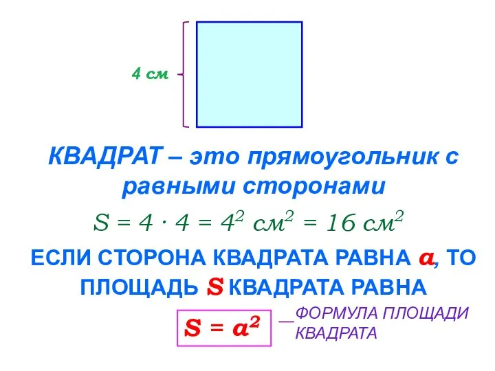 КВАДРАТ – это прямоугольник с равными сторонами 4 см S =