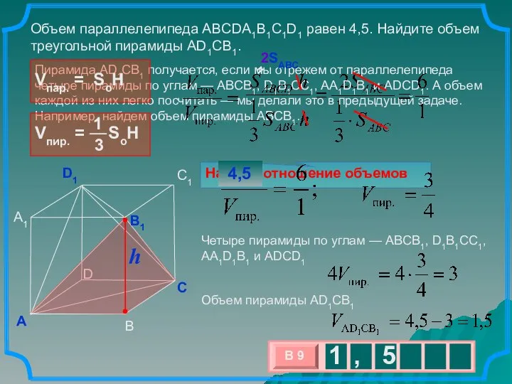 Пирамида AD1CB1 получается, если мы отрежем от параллелепипеда четыре пирамиды по