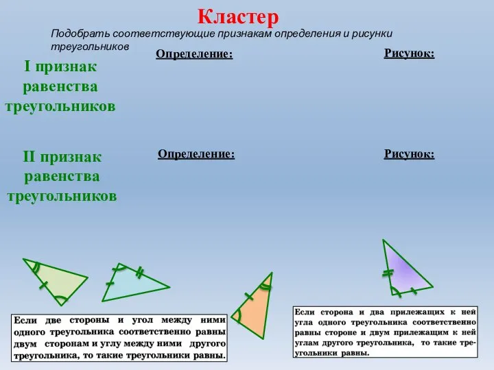 I признак равенства треугольников II признак равенства треугольников Кластер Рисунок: Подобрать