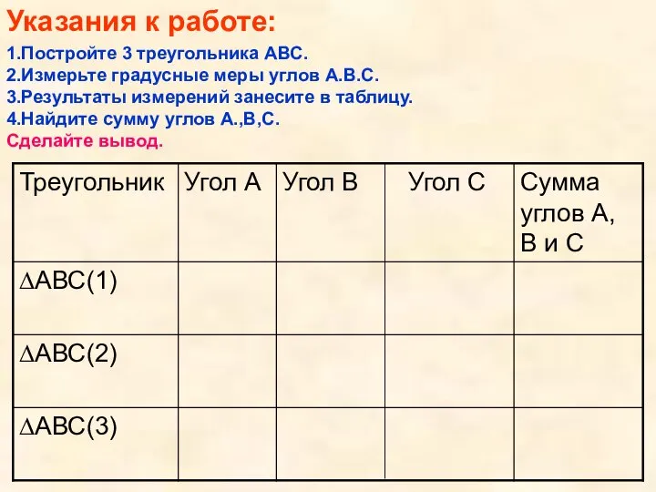 Указания к работе: 1.Постройте 3 треугольника АВС. 2.Измерьте градусные меры углов