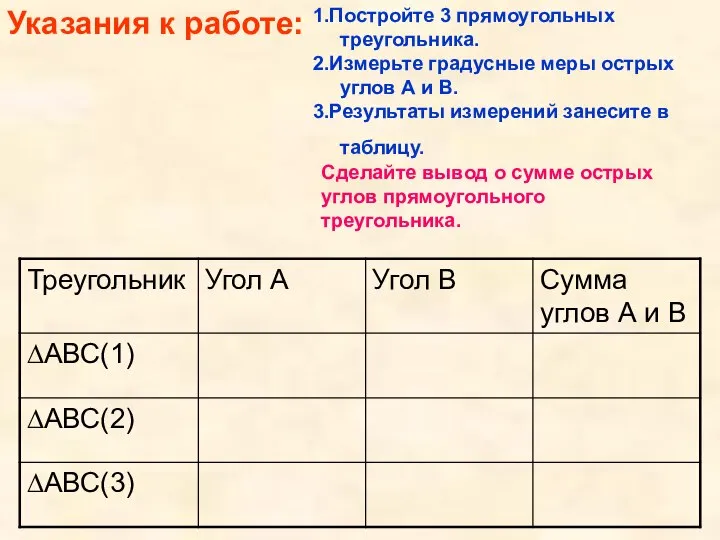 Указания к работе: 1.Постройте 3 прямоугольных треугольника. 2.Измерьте градусные меры острых