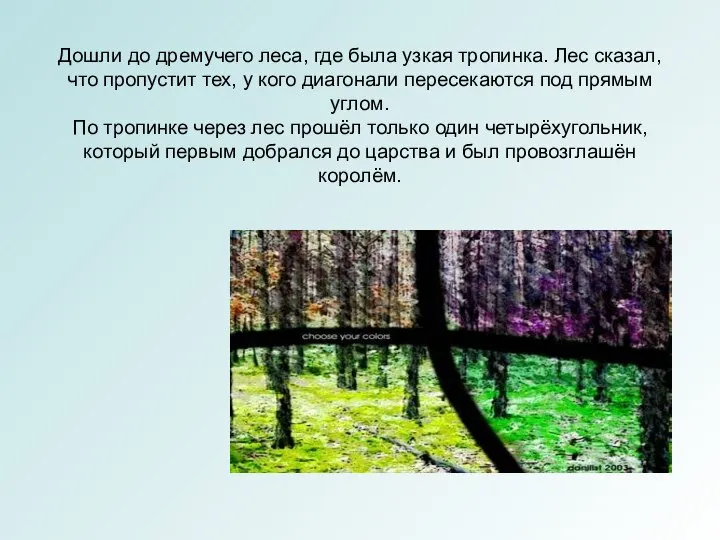 Дошли до дремучего леса, где была узкая тропинка. Лес сказал, что