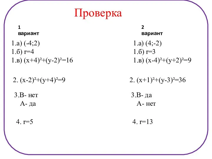 Проверка 1 вариант 2 вариант 1.а) (-4;2) 1.б) r=4 1.в) (х+4)²+(y-2)²=16