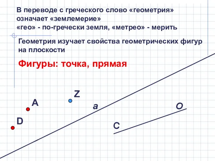 В переводе с греческого слово «геометрия» означает «землемерие» «гео» - по-гречески